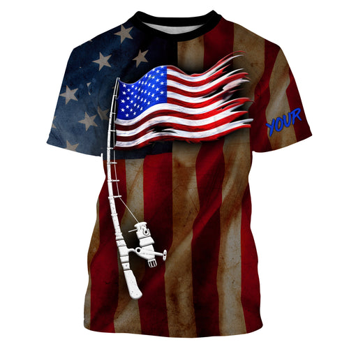 Vintage American flag patriotic fishing rod Custom Name UV protection UPF 30+ fishing jersey, patriotic Gifts for Fisherman NQS2943