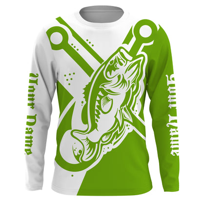 Largemouth bass fishing tattoo fish on Custom Name performance long sleeve fishing shirt | Green NQS3747