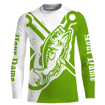 Largemouth bass fishing tattoo fish on Custom Name performance long sleeve fishing shirt | Green NQS3747