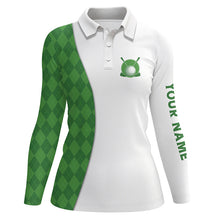 Load image into Gallery viewer, White Womens golf polo shirts custom green argyle plaid pattern golf tops, ladies golf tops NQS7291