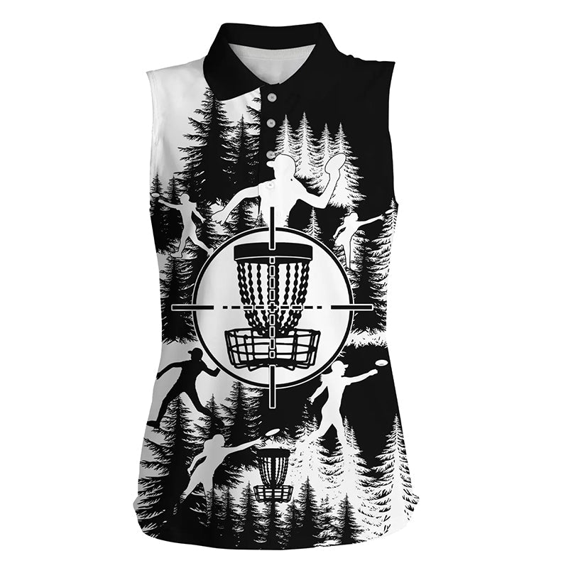 Black and white Women sleeveless disc golf polo shirt, disc golf basket disc golf shirts NQS7296