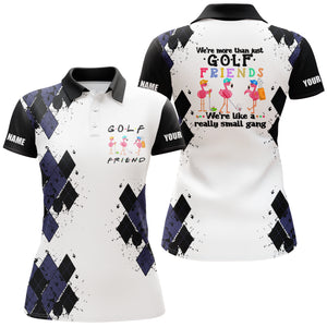 Womens golf polo shirt we're more than just golf friends flamingo custom name funny golf shirt| Black NQS3610