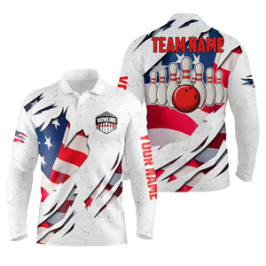 Custom Bowling shirts for men American flag patriotic Bowling Ball & Pins white mens polo shirts NQS4954