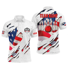 Load image into Gallery viewer, Custom Bowling shirts for men American flag patriotic Bowling Ball &amp; Pins white mens polo shirts NQS4954