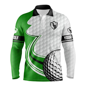 Green & white golf ball long sleeve upf golf polo shirts custom name golf gifts for men NQS3485