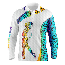 Load image into Gallery viewer, Personalized rainbow neon leopard golf white mens golf polo shirts custom name golf gifts for men NQS4977