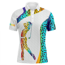 Load image into Gallery viewer, Personalized rainbow neon leopard golf white mens golf polo shirts custom name golf gifts for men NQS4977