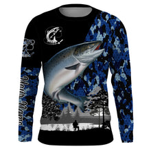 Load image into Gallery viewer, Chinook Salmon (King salmon) Fish blue camo Custom name performance anti UV long sleeve fishing shirts NQS3629