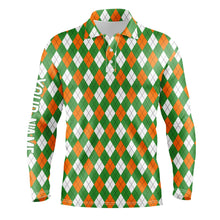 Load image into Gallery viewer, Mens golf polo shirts custom green, orange, white St. Patricks day Argyle plaid pattern golf shirts NQS4763