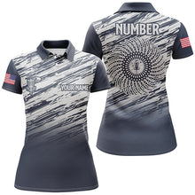 Load image into Gallery viewer, Womens disc golf polo shirt custom name, number camo disc golf jersey, ladies disc golf apparel | Blue NQS6436