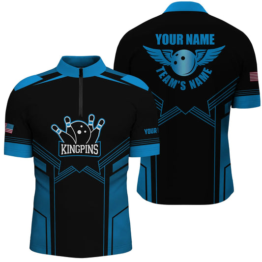 Custom Blue black bowling shirt for men – personalized team jersey front view