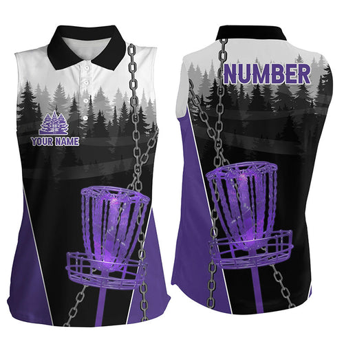 Women sleeveless polo shirts custom black chain disc golf jerseys, disc golf outfit | Purple NQS7331