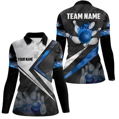 Black and white Bowling polo Shirt for women Custom bowling ball pins team Bowler Jerseys | Blue NQS6447