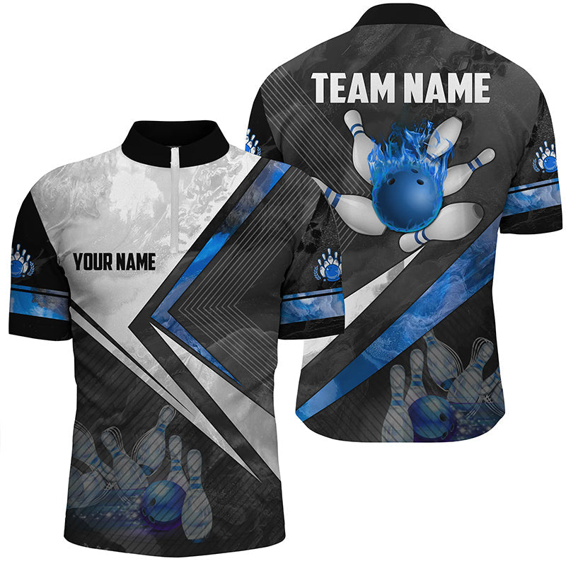 Black and white Bowling Quarter Zip Shirt for men Custom bowling ball pins team Bowler Jerseys | Blue NQS6447