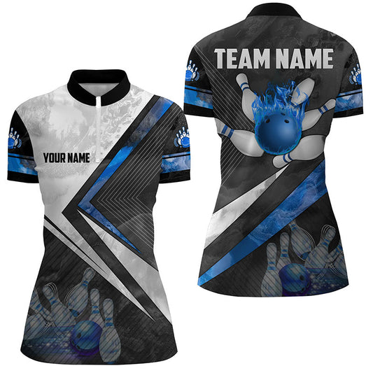Black and white Bowling Quarter Zip Shirt for women Custom bowling ball pins Bowler Jerseys | Blue NQS6447