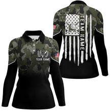 Load image into Gallery viewer, Black Womens golf polo shirt custom green camouflage American flag golf shirt for women, golfing gifts NQS6679