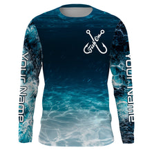 Load image into Gallery viewer, Fish on blue sea water camo Custom Name performance long sleeve fishing shirts uv protection NQS3652