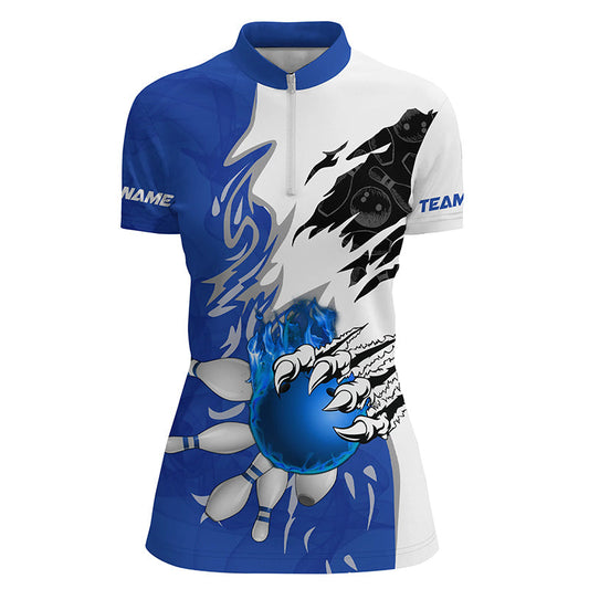 Bowling Quarter Zip Shirt for women Custom bowling ball pins Jerseys flame bowling shirt | Blue NQS6460