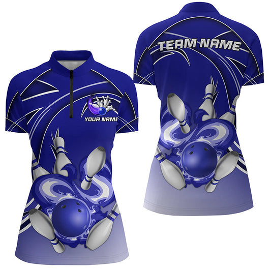 Women Bowling Quarter Zip Shirt Custom Bowling ball pins Team league Jerseys, gifts for bowlers | Blue NQS7073