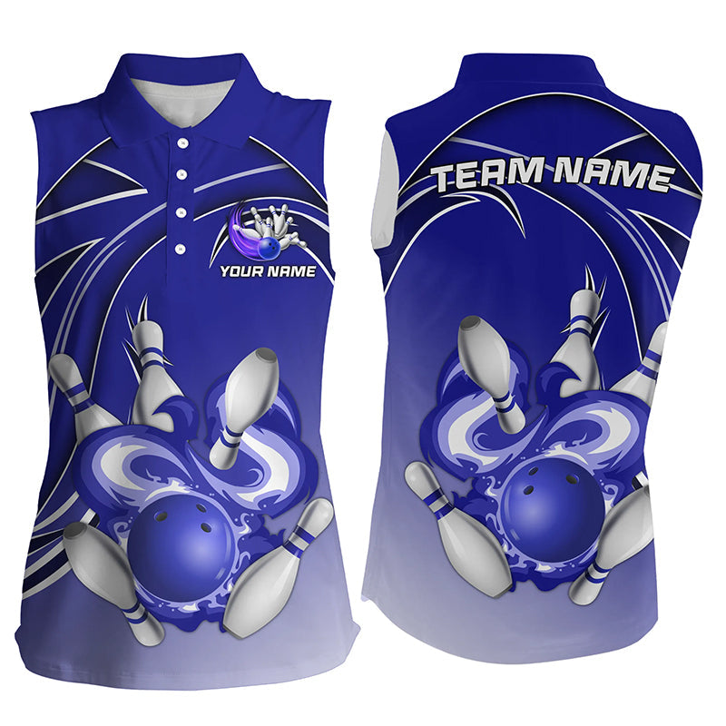 Women Bowling sleeveless Polos Custom Bowling ball pins Team league Jerseys, gifts for bowlers | Blue NQS7073