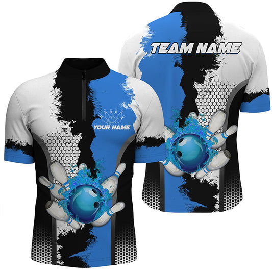 Black white bowling fire league jerseys custom Men Bowling Quarter Zip Shirt, gifts for bowler | Blue NQS7189