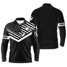 Load image into Gallery viewer, Mens golf polo shirt custom name black and white American flag patriotic golf polo shirts for men NQS5328