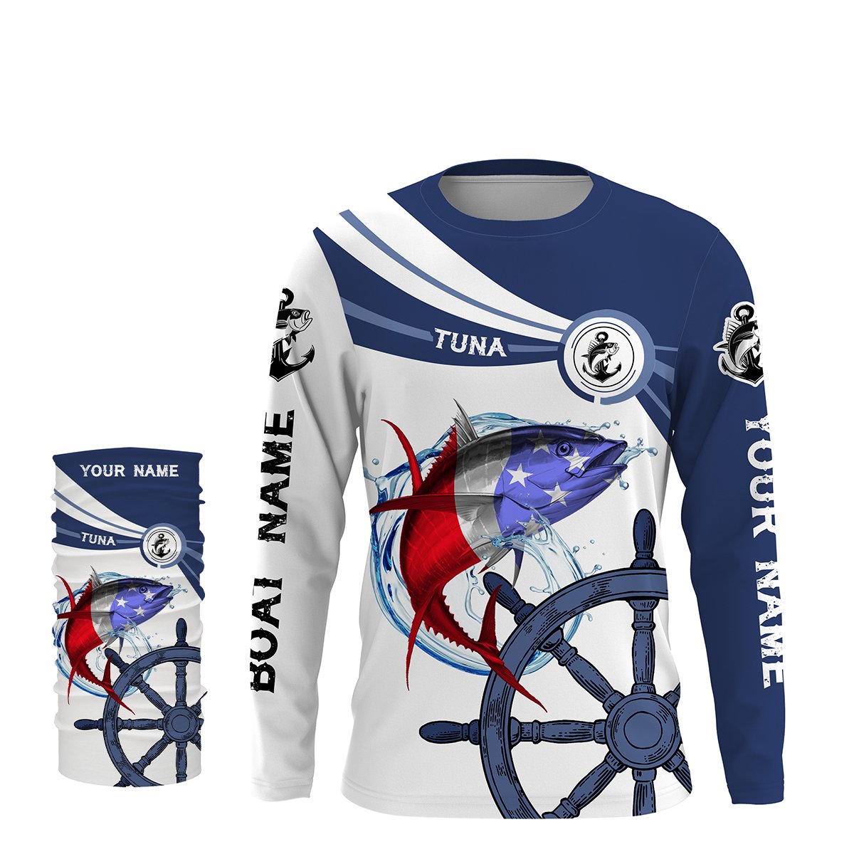Tuna Fishing American Flag Custom name and boat name performance Long Sleeve Fishing Shirts, Patriotic Fishing gifts - NQS2412