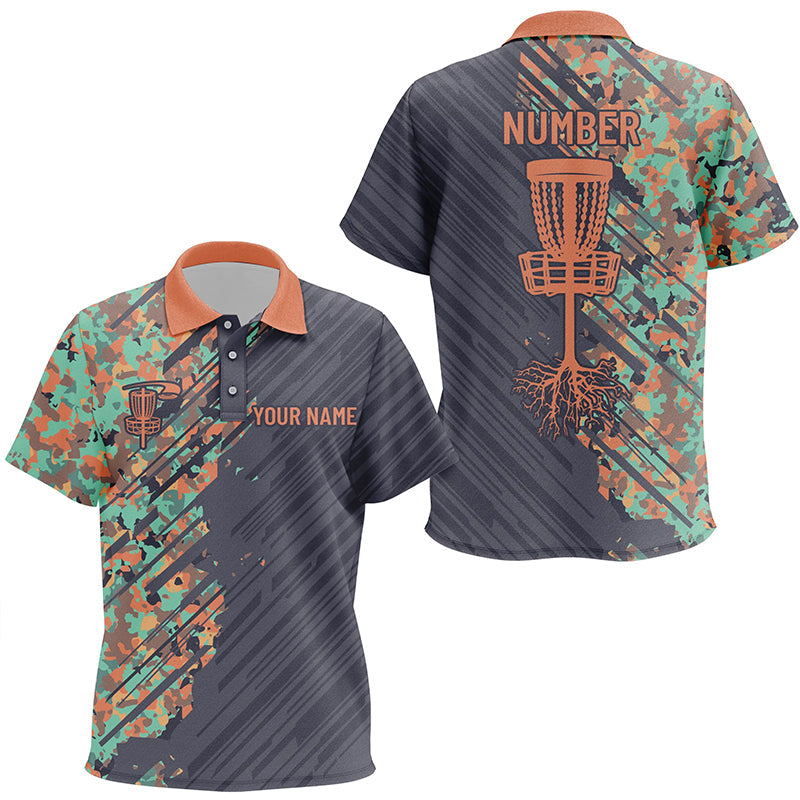 Kid disc golf polos shirts custom name Grunge Camo disc golf basket, personalized disc golf apparel NQS7200