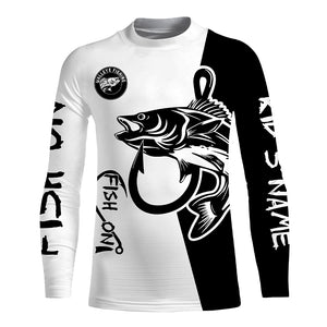 Walleye fishing tattoo fish on black white UV protection Customize name long sleeves fishing shirts NQS4216