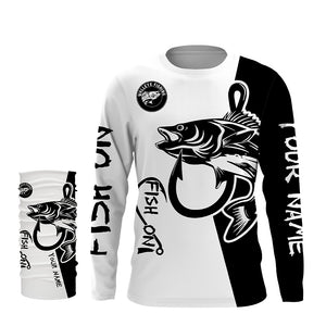 Walleye fishing tattoo fish on black white UV protection Customize name long sleeves fishing shirts NQS4216