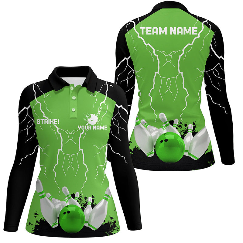 Women bowling polo shirt Custom bowling strike lightning storm thunder team league jersey | Green NQS7083