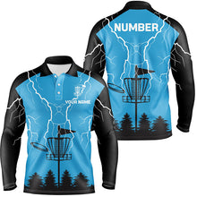 Load image into Gallery viewer, Mens disc golf polo shirt blue lightning storm custom disc golf shirt, disc golf gifts NQS7085