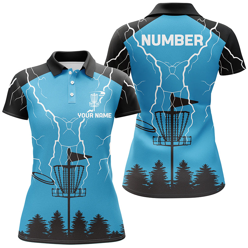 Womens disc golf polo shirt blue lightning storm custom name disc golf shirt, disc golf gifts NQS7085