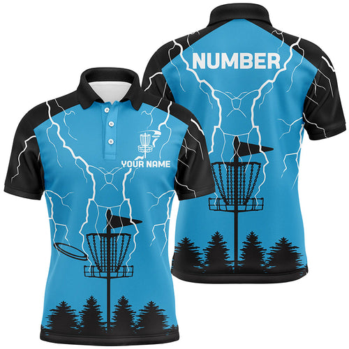 Mens disc golf polo shirt blue lightning storm custom disc golf shirt, disc golf gifts NQS7085