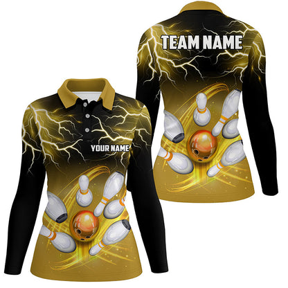 Women bowling polo shirt Custom black yellow bowling lightning thunder team bowling league jerseys NQS7086