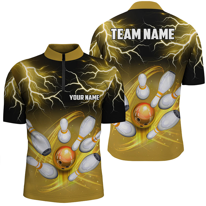 Men's bowling Quarter Zip shirts Custom black yellow bowling lightning thunder team league jerseys NQS7086