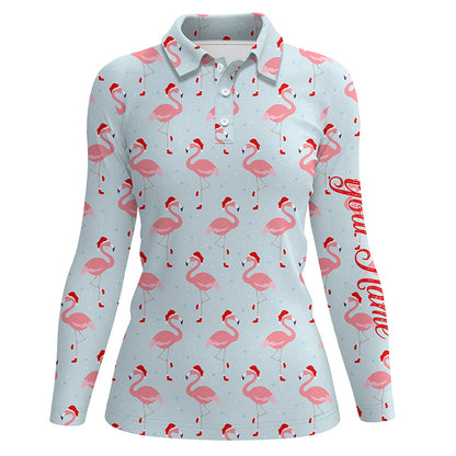 Funny Womens golf polo shirt custom Christmas pattern with tropical winter flamingos in xmas Santa hat NQS6719