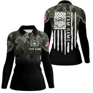 Black green camo Women bowling polo shirts Custom American flag patriotic bowling team league jerseys NQS6263