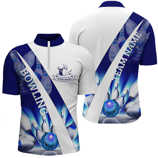White Bowling Quarter Zip Shirt For men Custom blue light bowling ball pins Team League Jerseys NQS6732