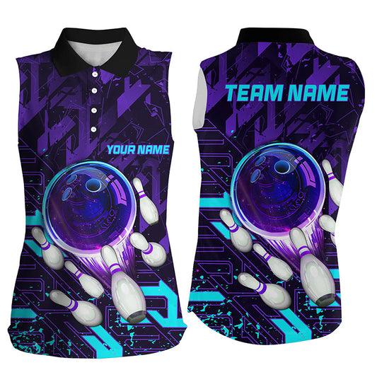 Women sleeveless polo shirts Custom purple blue abstract Bowling Team league Jerseys, bowling gifts NQS7096
