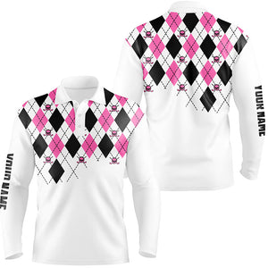 Mens golf polo shirts pink and black argyle plaid golf skull pattern custom white mens golf tops NQS7214