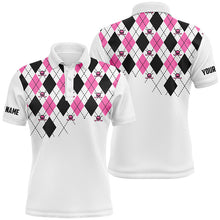 Load image into Gallery viewer, Mens golf polo shirts pink and black argyle plaid golf skull pattern custom white mens golf tops NQS7214