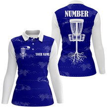 Load image into Gallery viewer, Blue and white Womens disc golf polo shirt custom disc golf basket, personalized disc golf gifts NQS6757