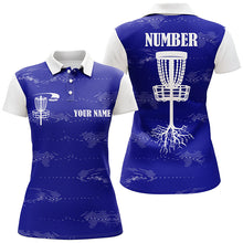 Load image into Gallery viewer, Blue and white Womens disc golf polo shirt custom disc golf basket, personalized disc golf gifts NQS6757