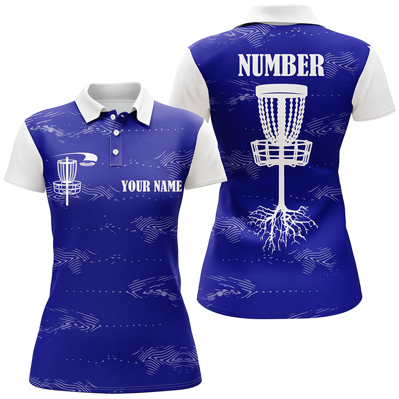 Blue and white Womens disc golf polo shirt custom disc golf basket, personalized disc golf gifts NQS6757