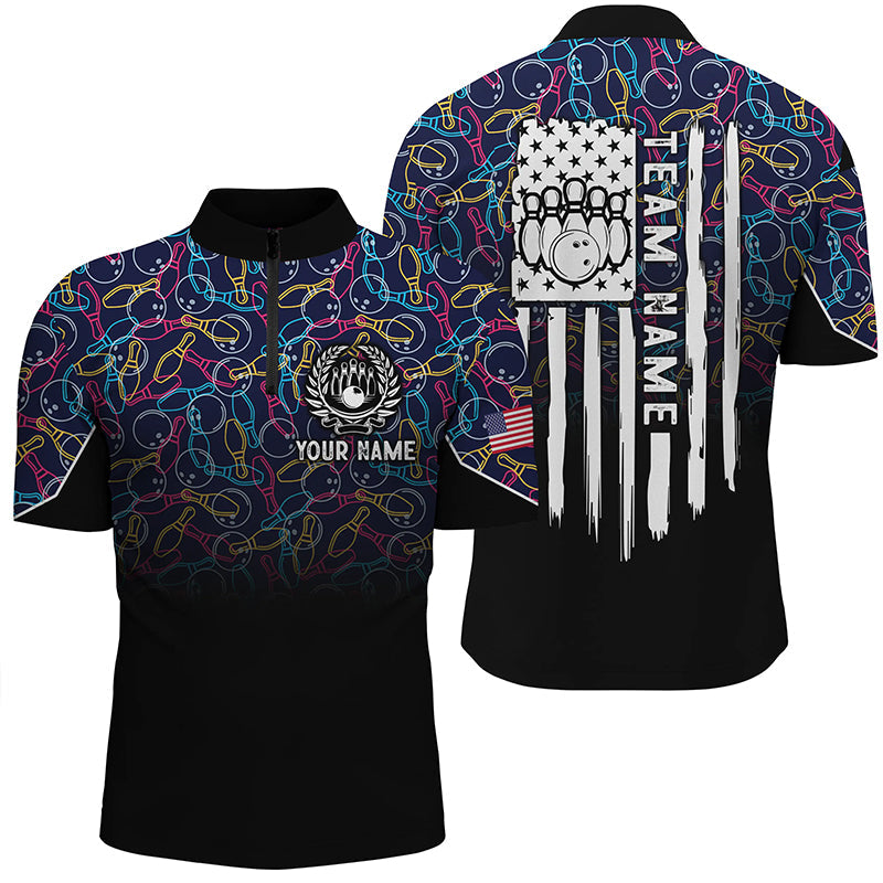 Black bowling camo Mens bowling Quarter Zip shirts Custom American flag patriotic bowling team jerseys NQS6759