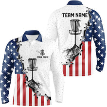 Load image into Gallery viewer, Red, white and blue American flag Mens disc golf polo shirts custom disc basket disc golf shirt NQS6765