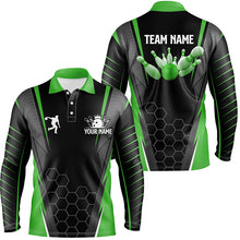 Load image into Gallery viewer, Black Men&#39;s Bowling polo Shirt Custom Name mens Bowlers Jersey, team bowling outfits | Green NQS6502