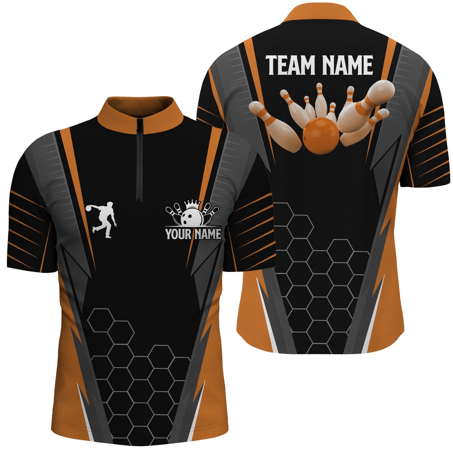 Black Men's Bowling Shirt Quarter-Zip Custom Name mens Bowlers Jersey, team bowling outfits | Orange NQS6503