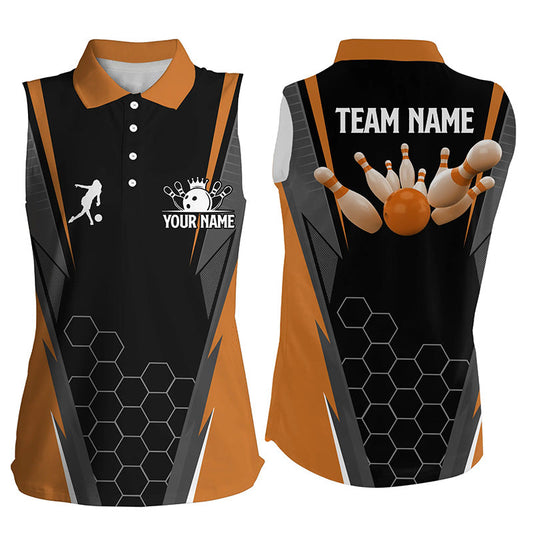 Black women's Bowling sleeveless polo Shirt Custom ladies Bowlers Jersey, team bowling outfits| Orange NQS6503